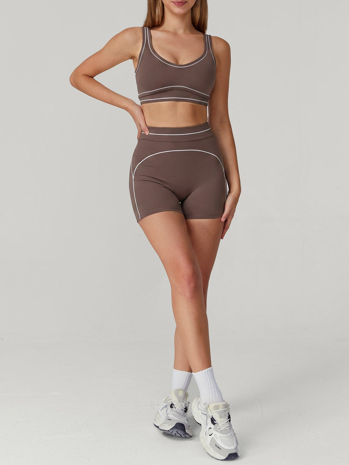 Coffee Contrast-Trim Sports Bra