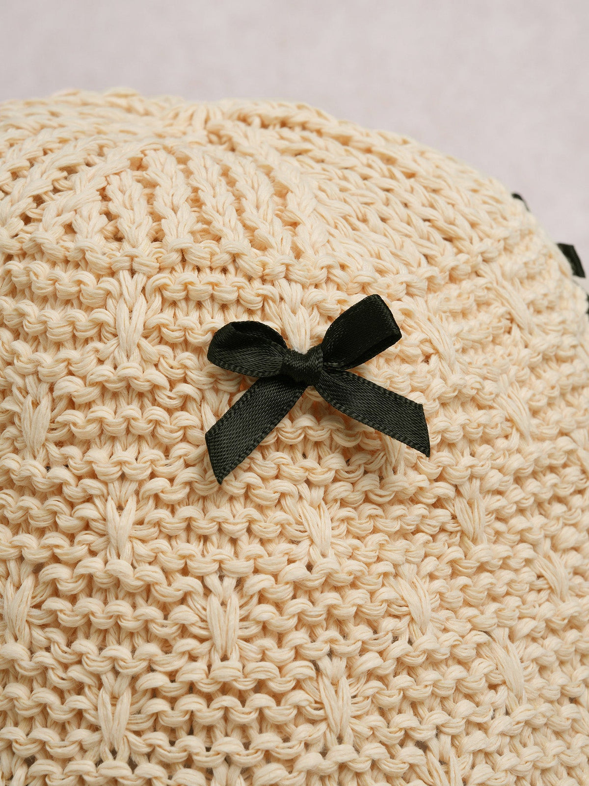 Beige Knit Bow Bucket Hat