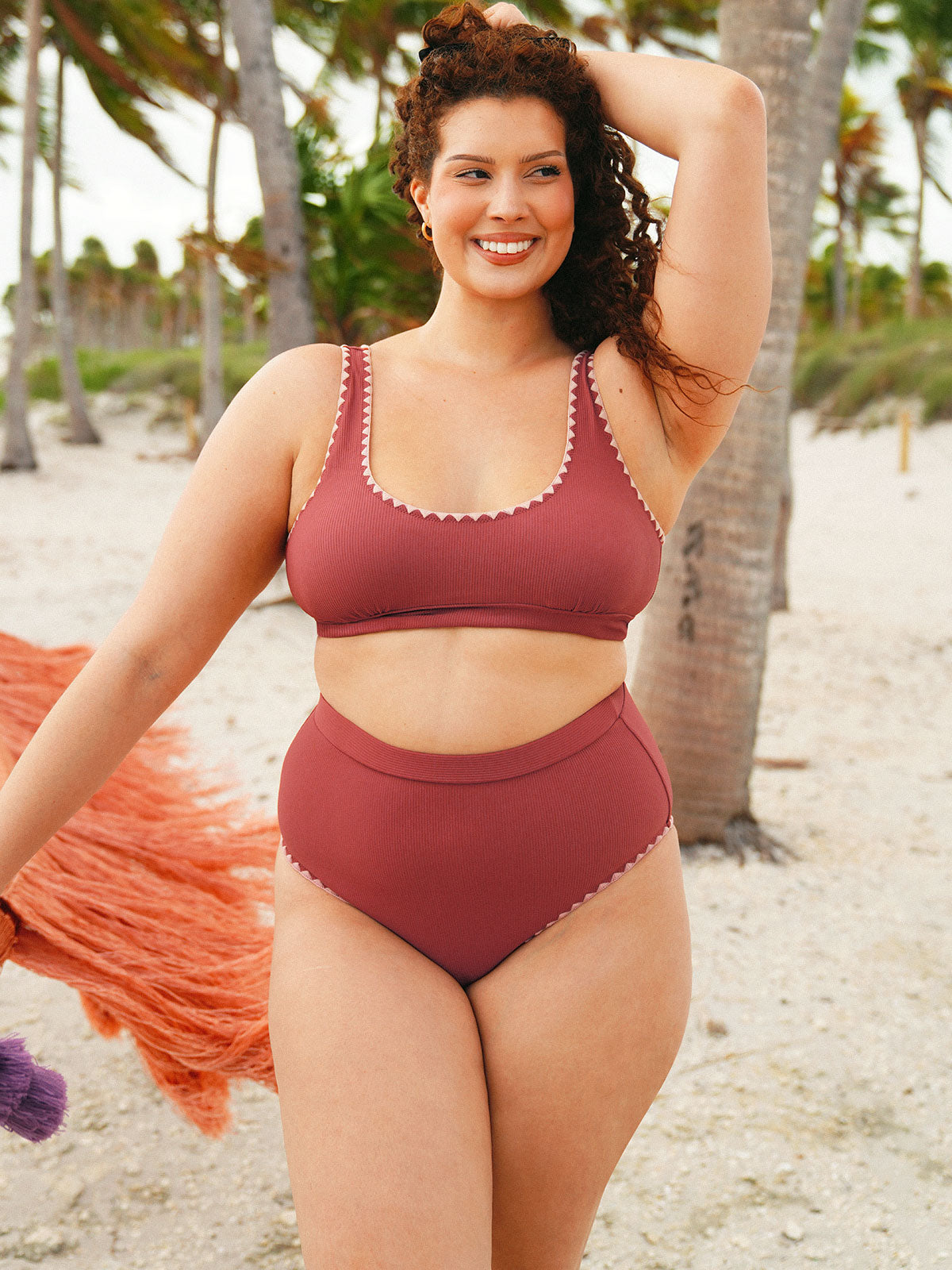 Brick Red Contrast Stitch High Cut Plus Size Bikini Bottom