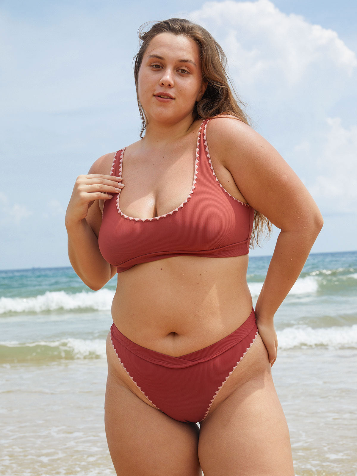 Contrast Stitch Longline Plus Size Bikini Top