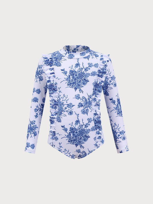 Girls' Blue Floral Ruffled One-Piece