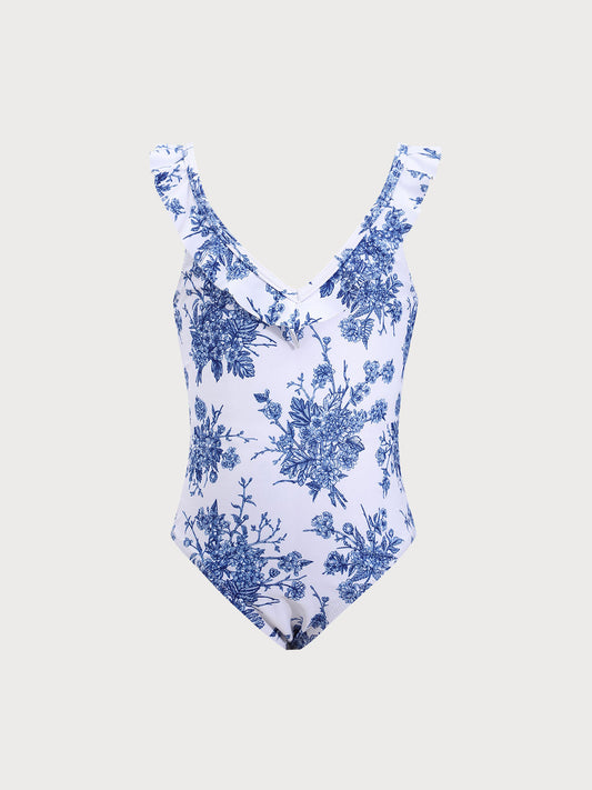 Girls' Blue Floral One-Piece