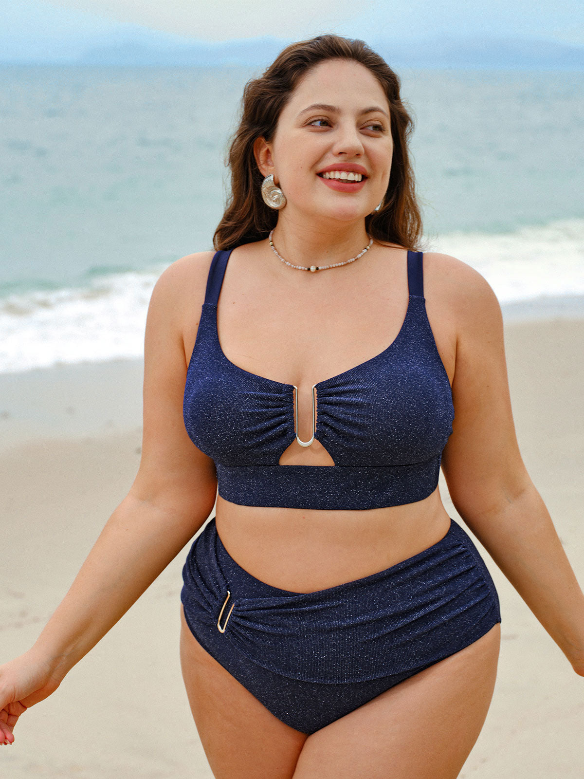 Blue Ruched Glitter Plus Size Bikini Bottom