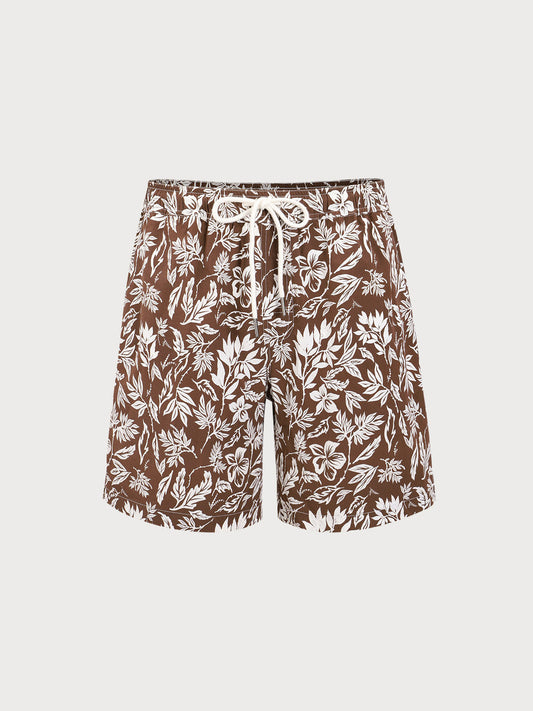 Brown Floral Print 7" Swim Trunks