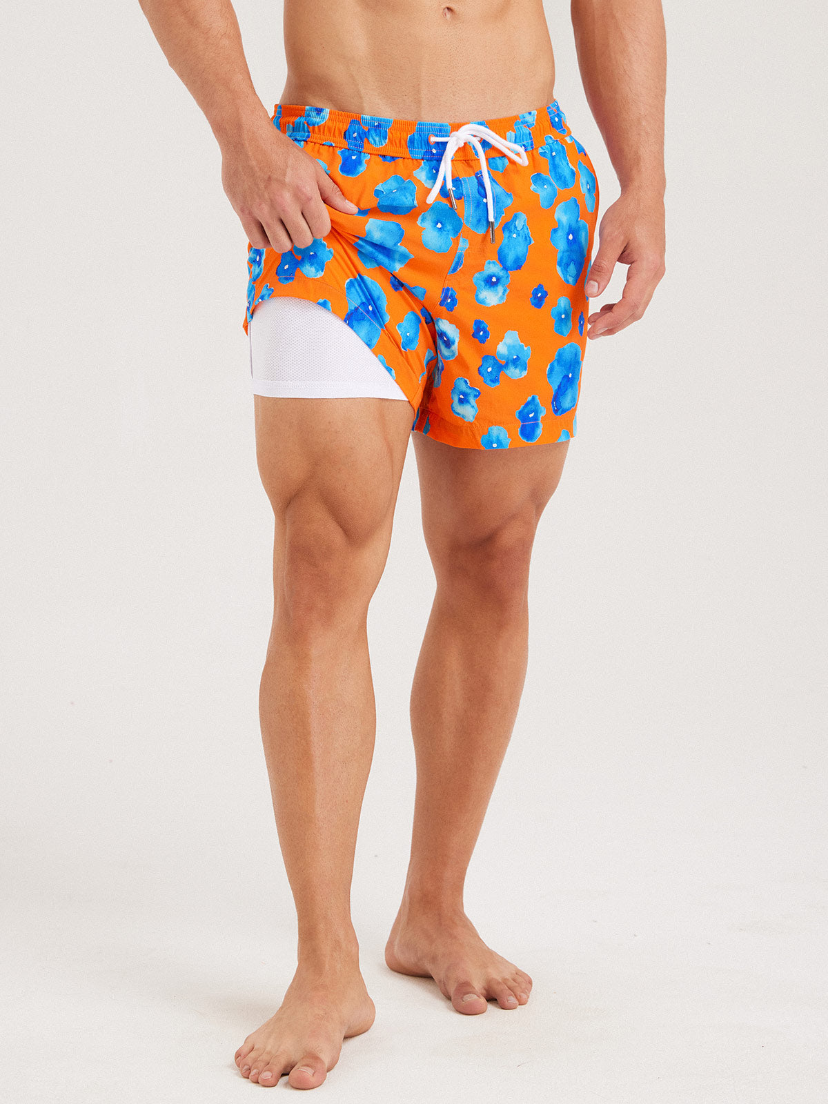Hapnix® - Men's Orange Floral Print 5" Swim Trunks