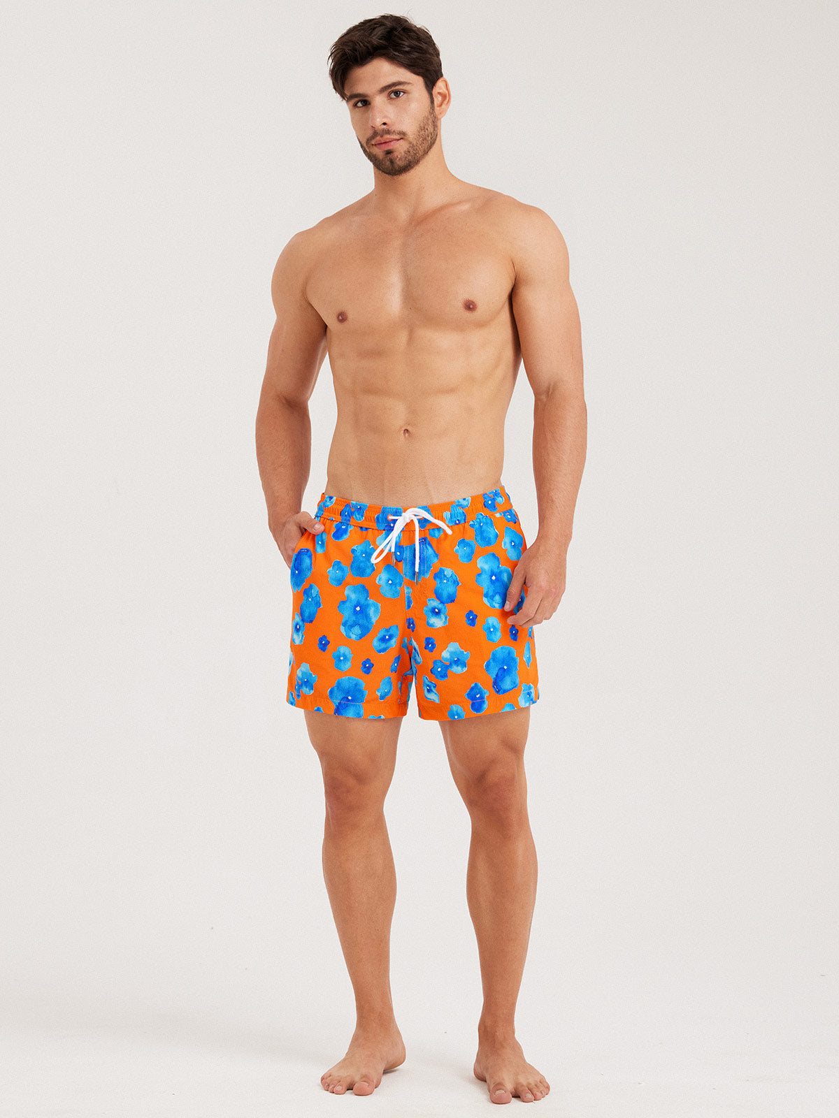 Hapnix® - Men's Orange Floral Print 5" Swim Trunks