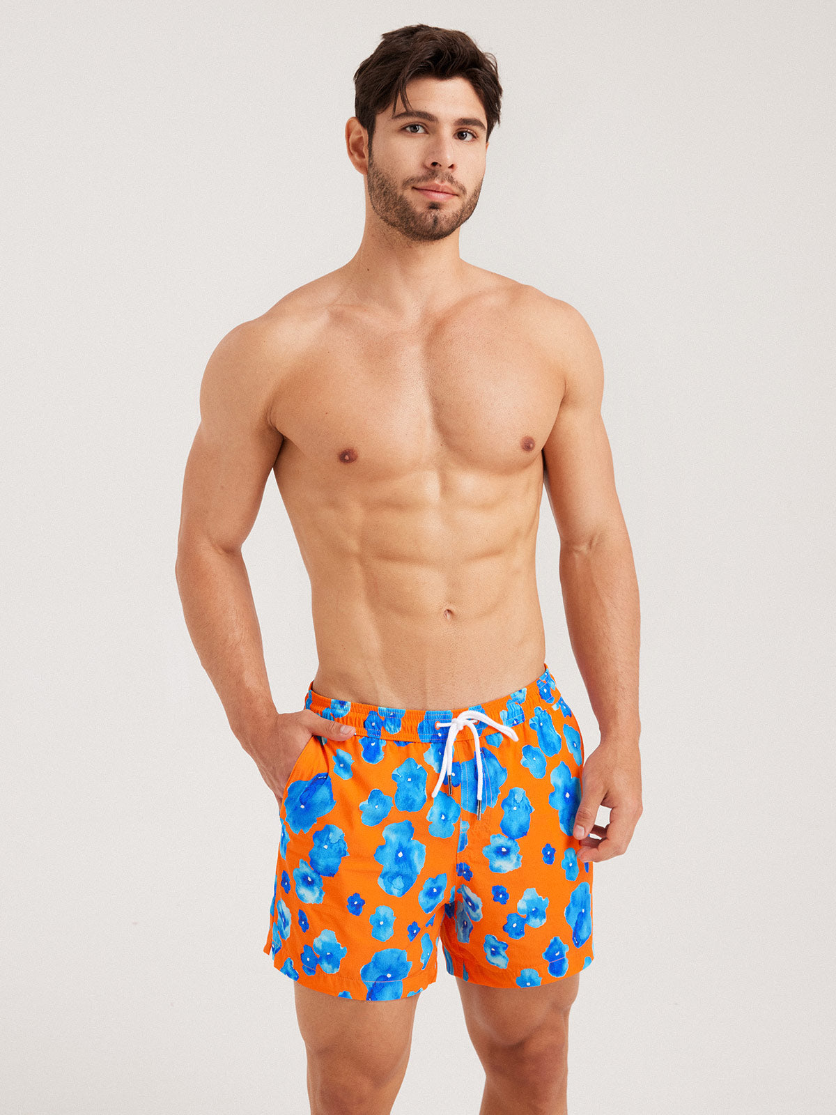 Hapnix® - Men's Orange Floral Print 5" Swim Trunks
