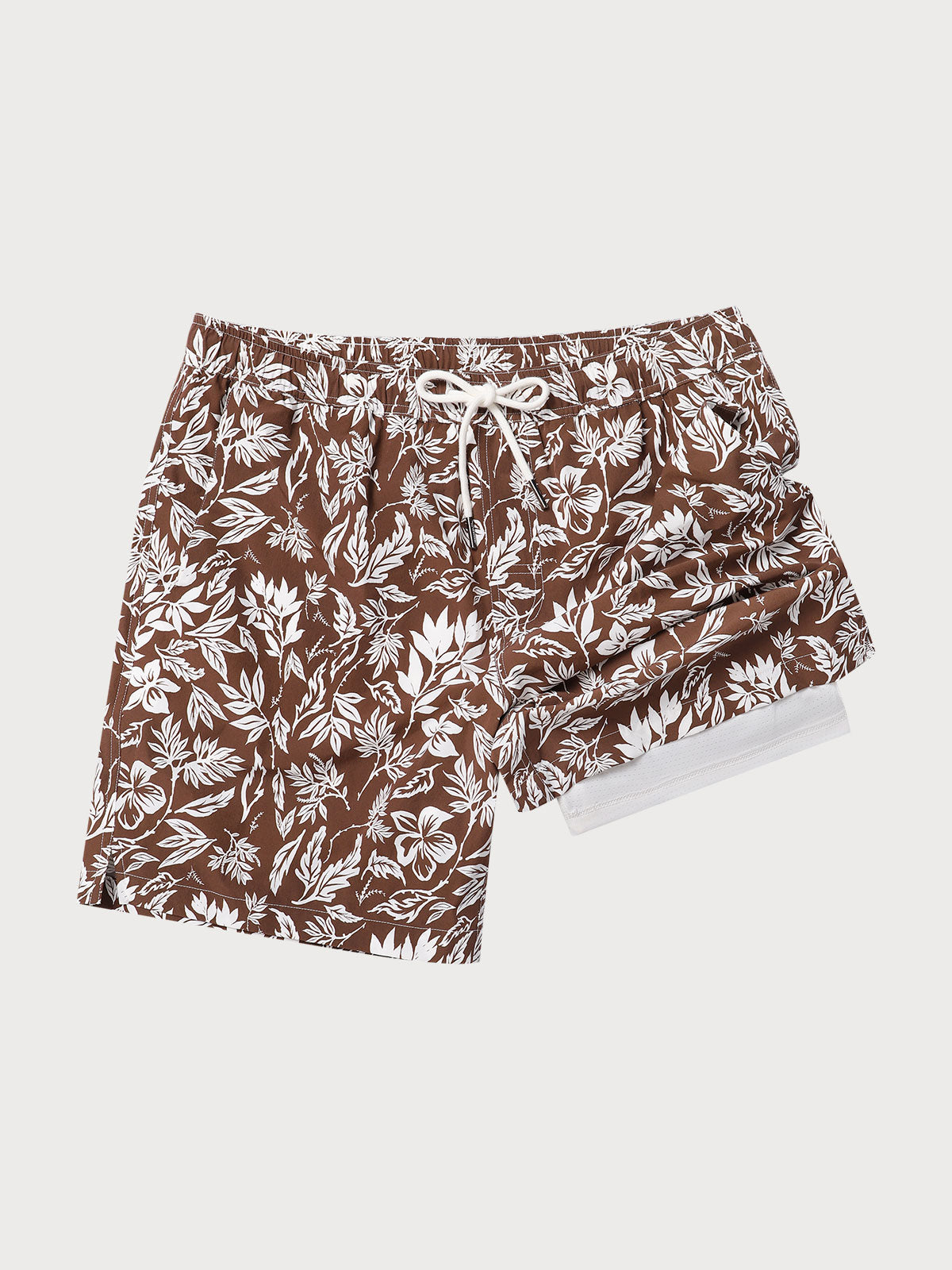 Brown Floral Print 7" Swim Trunks