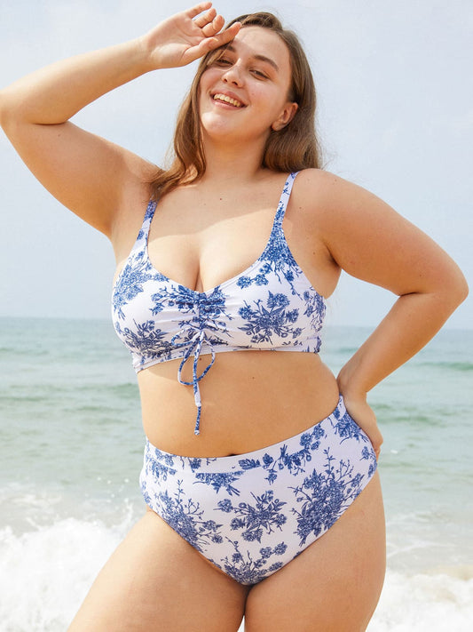 Ruched Floral Plus Size Bikini Top