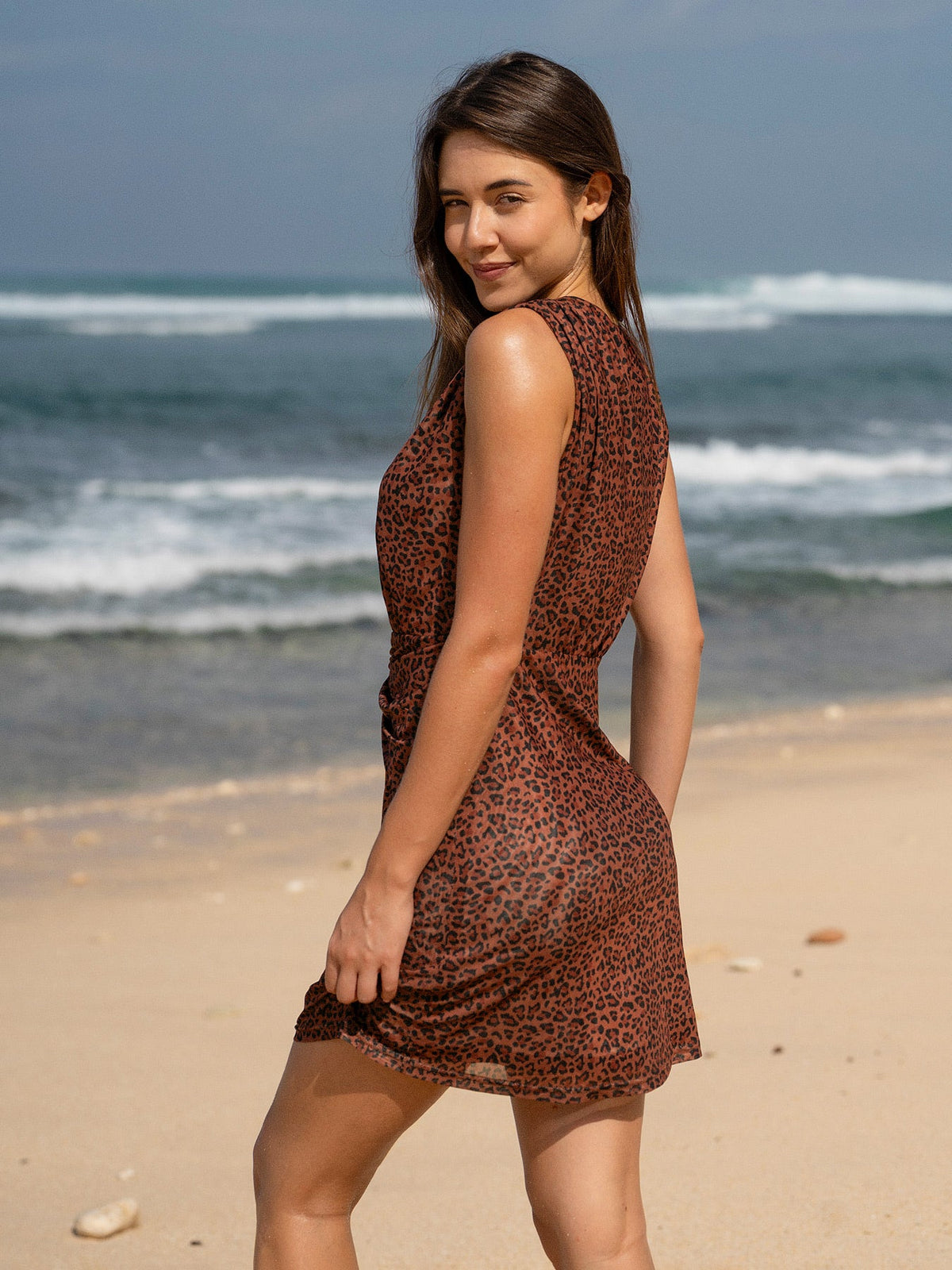 Dark Coffee Leopard Print Beach Dress