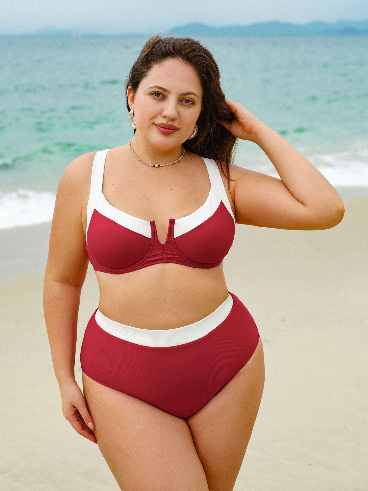 Red Contrast V Notch Plus Size Bikini Top