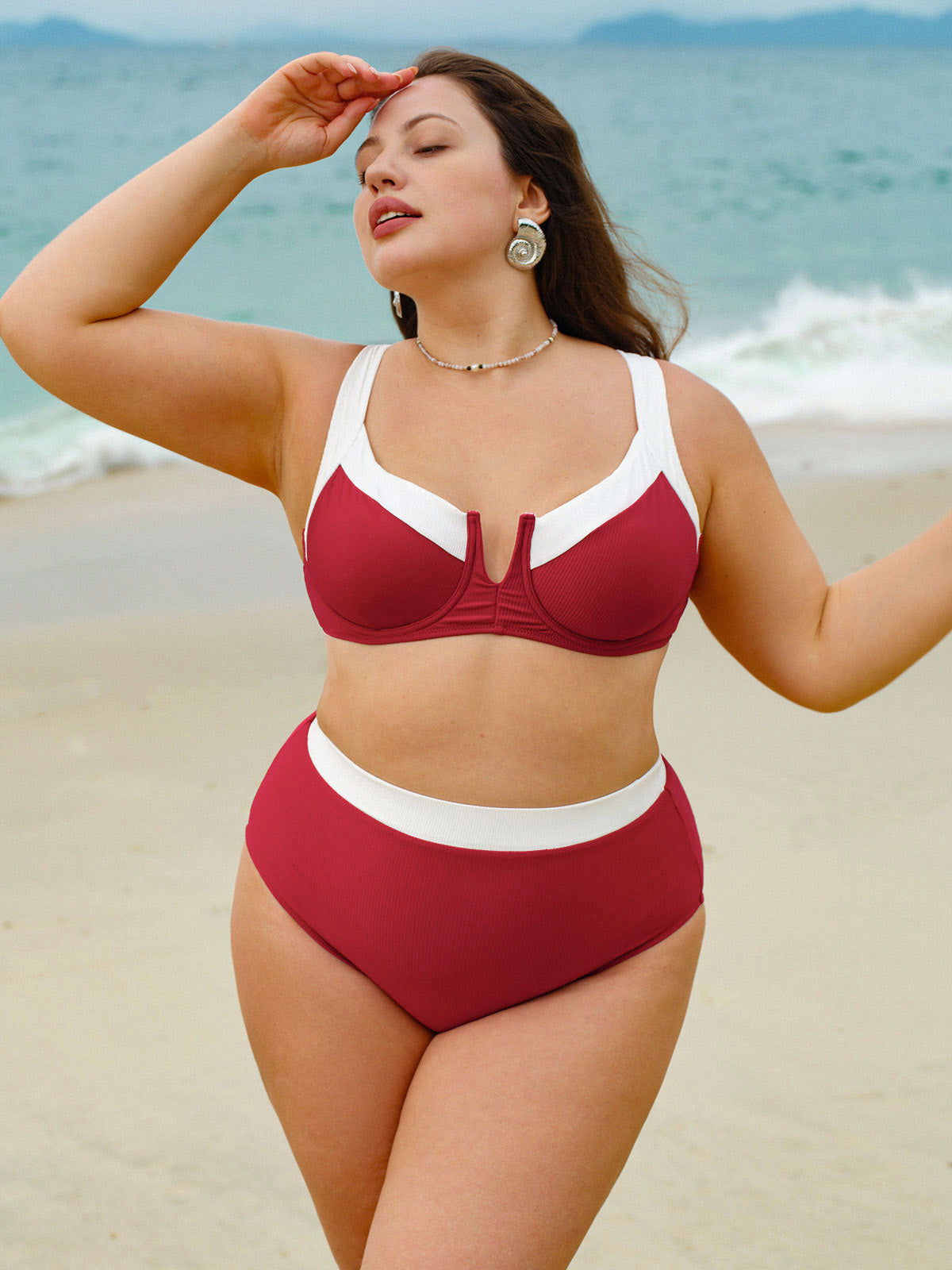 Red Contrast V Notch Plus Size Bikini Top