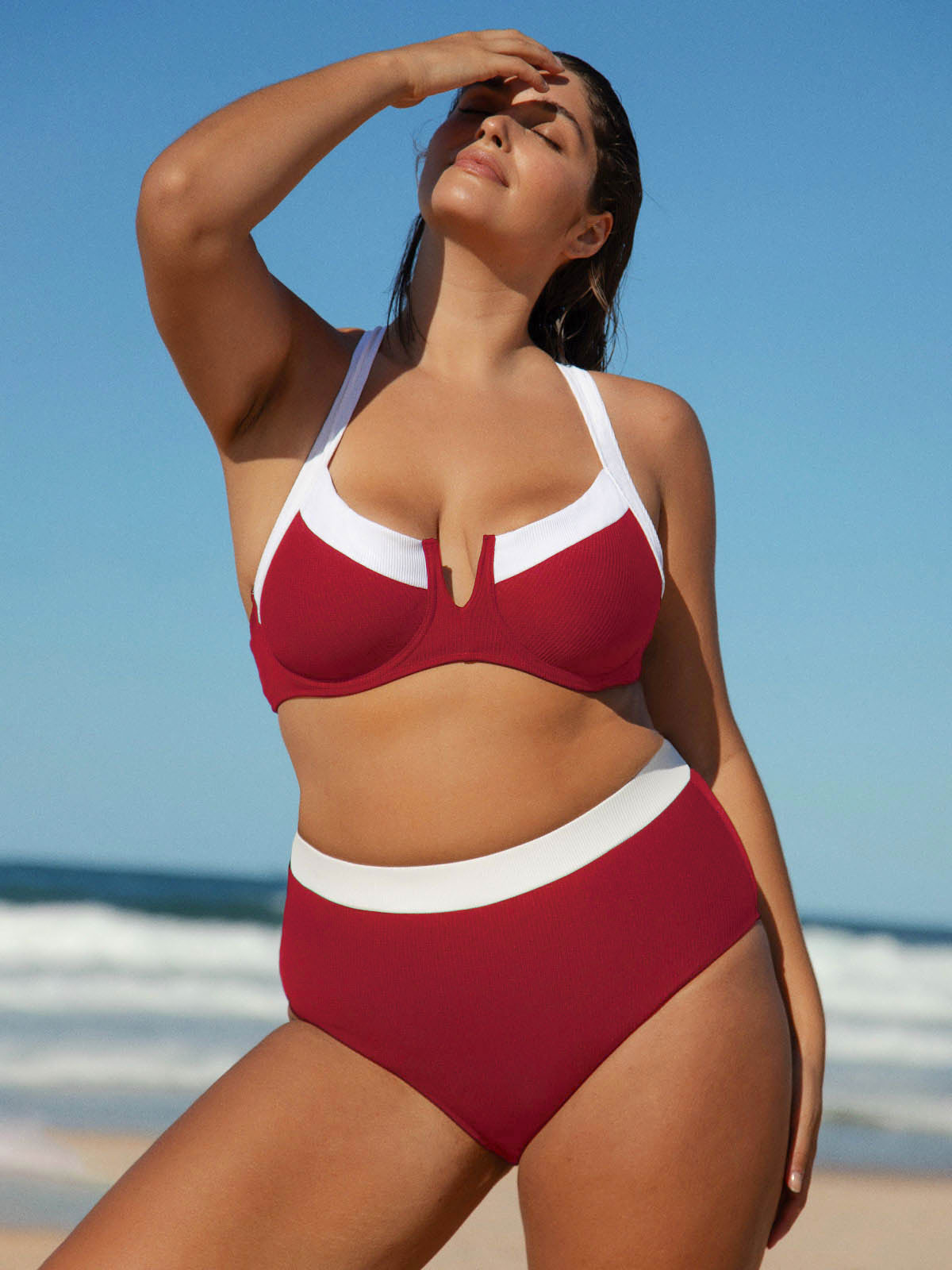 Red Contrast V Notch Plus Size Bikini Top