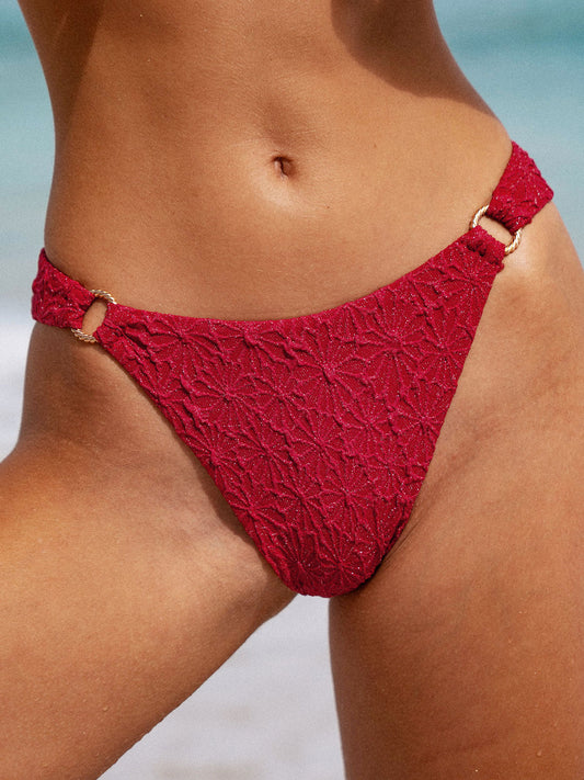 Wine Red Textured O-Ring Bikini Bottom