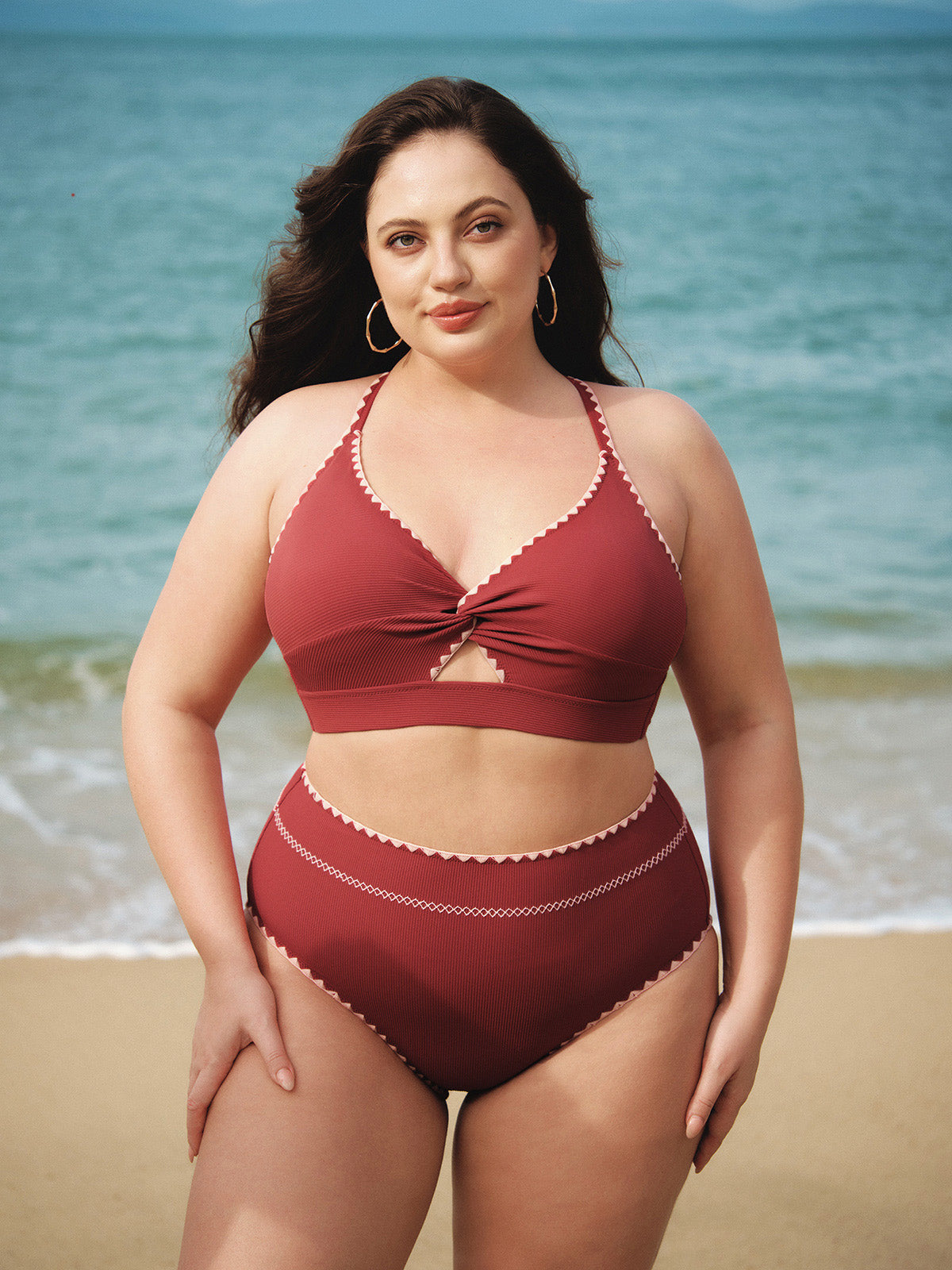Brick Red Contrast Stitch Plus Size Bikini Bottom