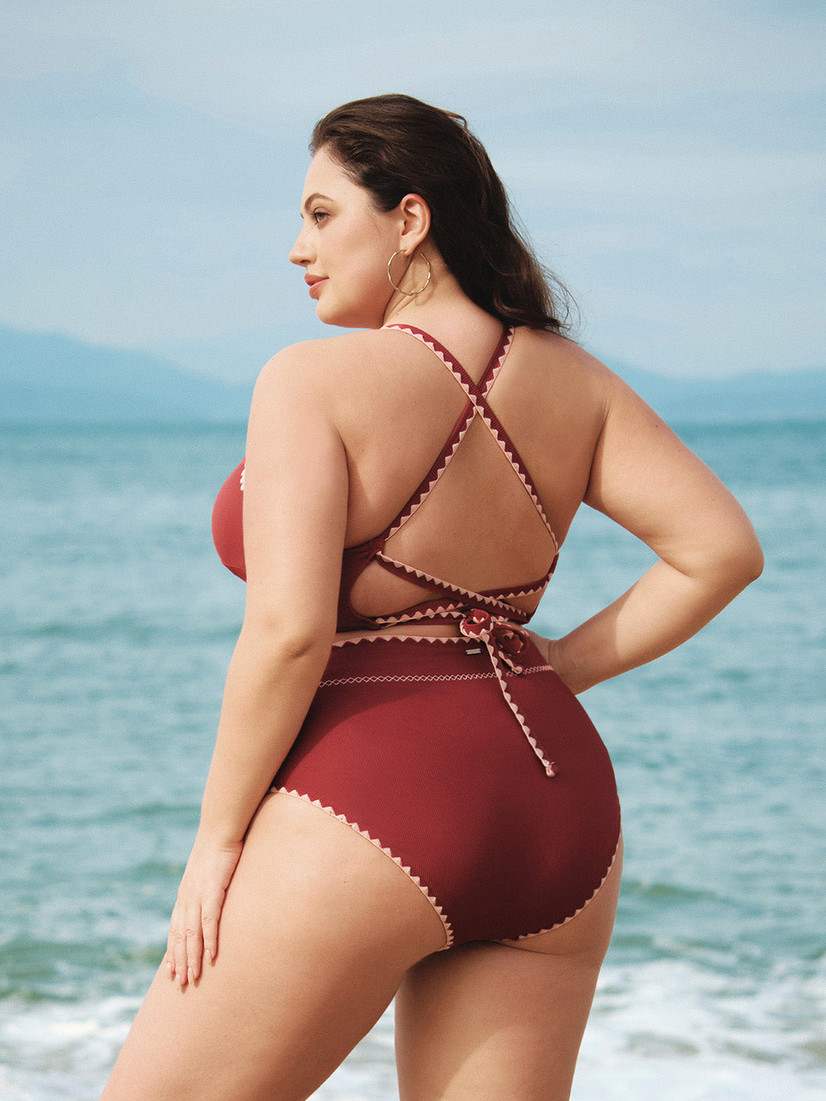 Brick Red Contrast Stitch Plus Size Bikini Bottom