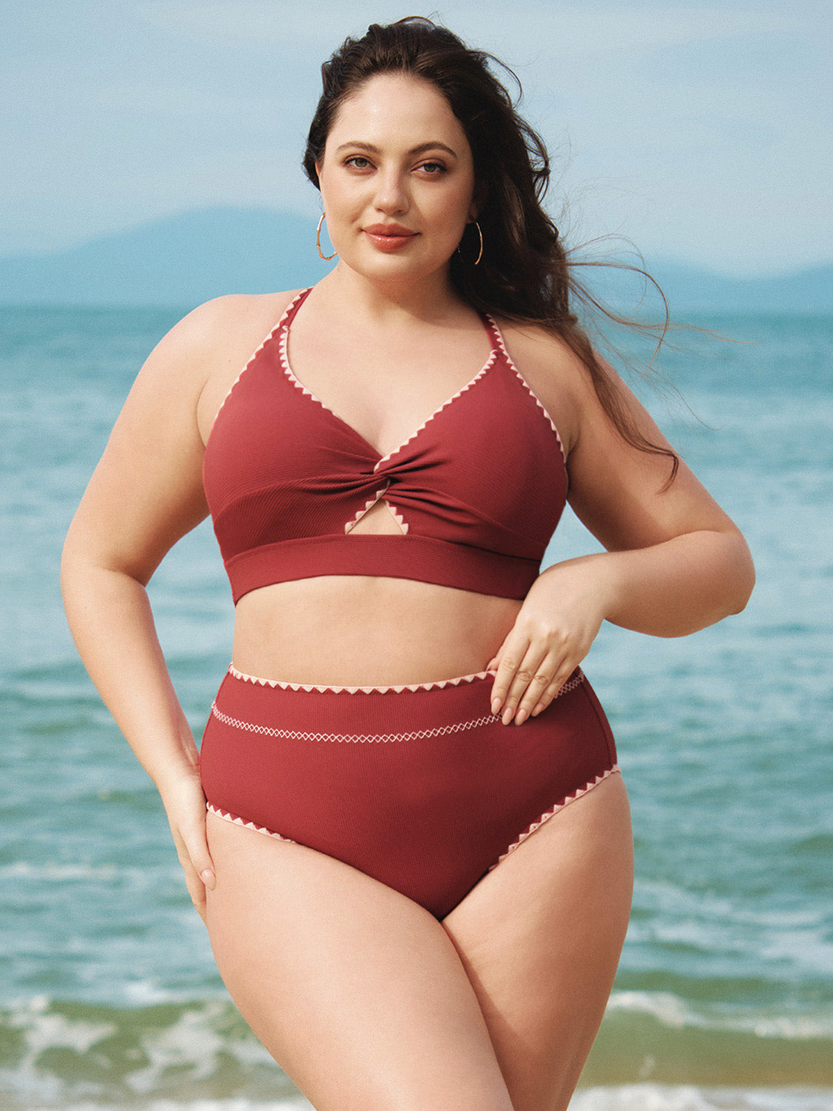 Brick Red Contrast Stitch Plus Size Bikini Bottom
