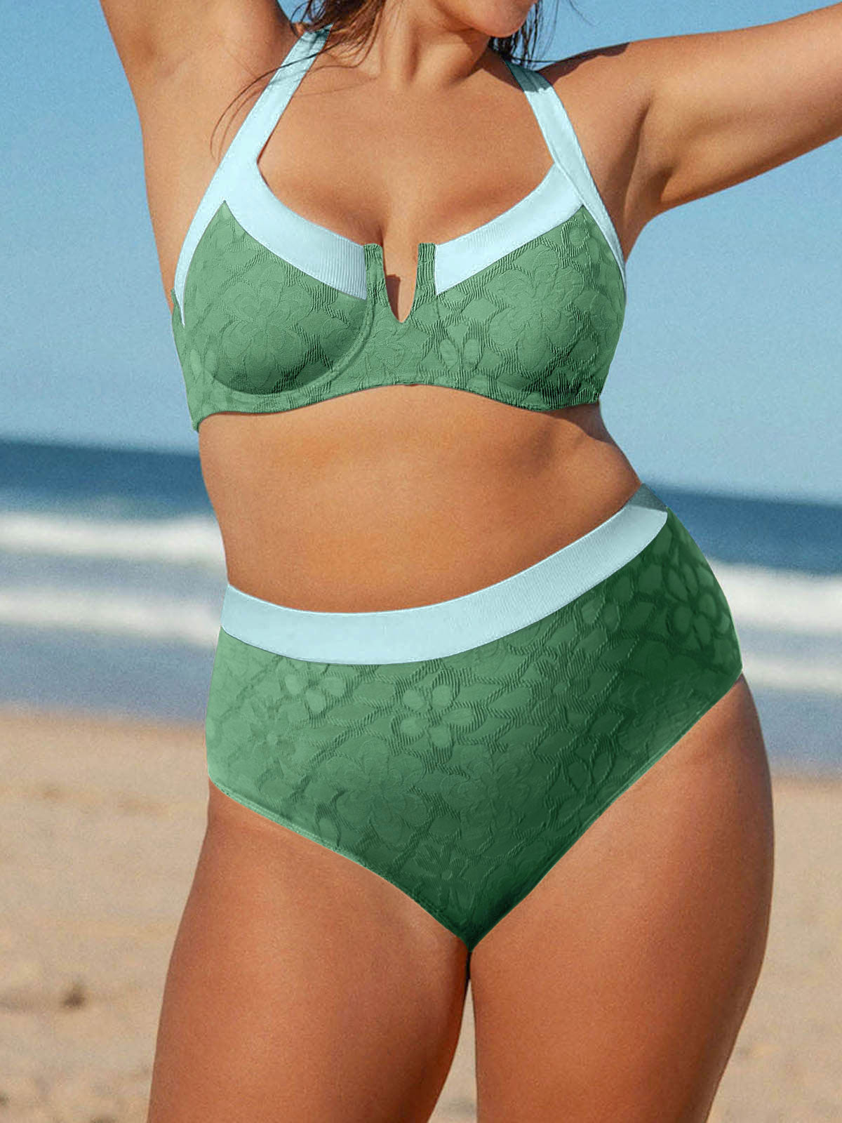 Dark Green Contrast Trim Plus Size Bikini Bottom