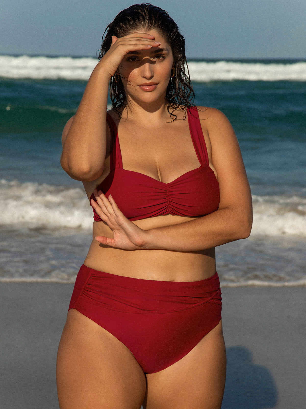 Red Ruched Plus Size Bikini Bottom
