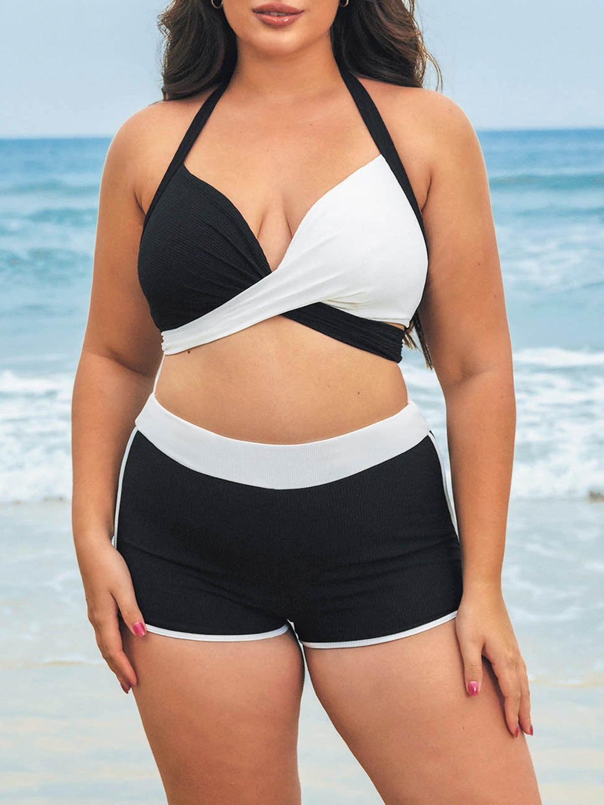 Black Contrast Full Coverage Plus Size Bikini Bottom