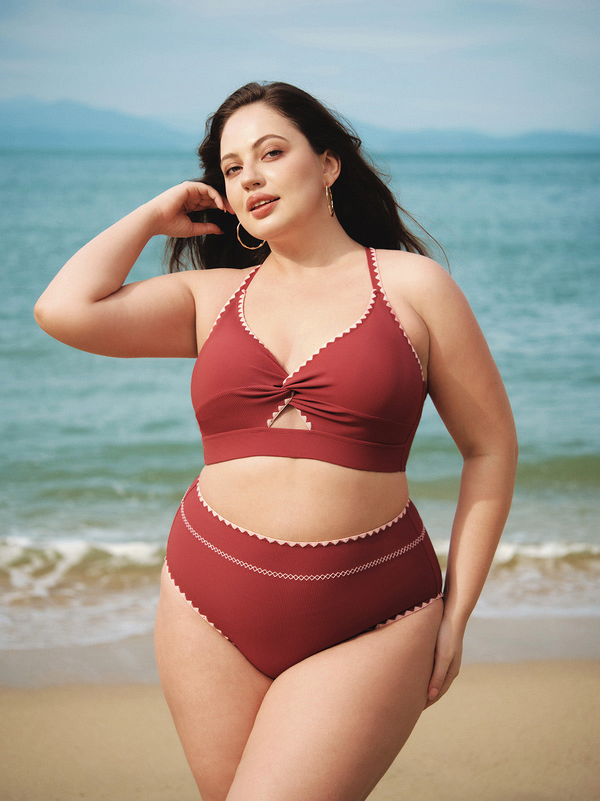 Brick Red Contrast Stitch Plus Size Bikini Bottom