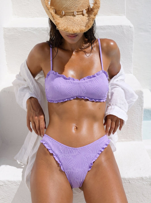 Purple Textured Ruffled X Cross Bikini Top
