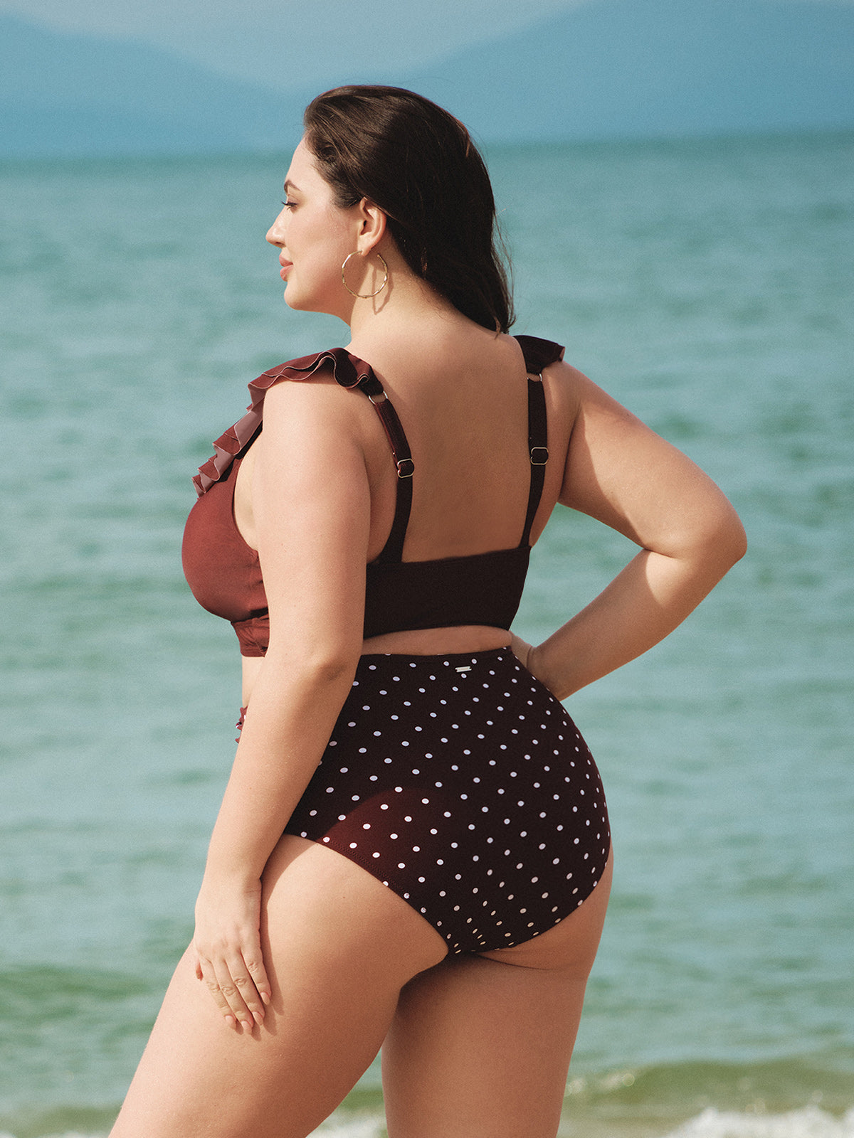 Brown Ruffled V-Neck Plus Size Bikini Top