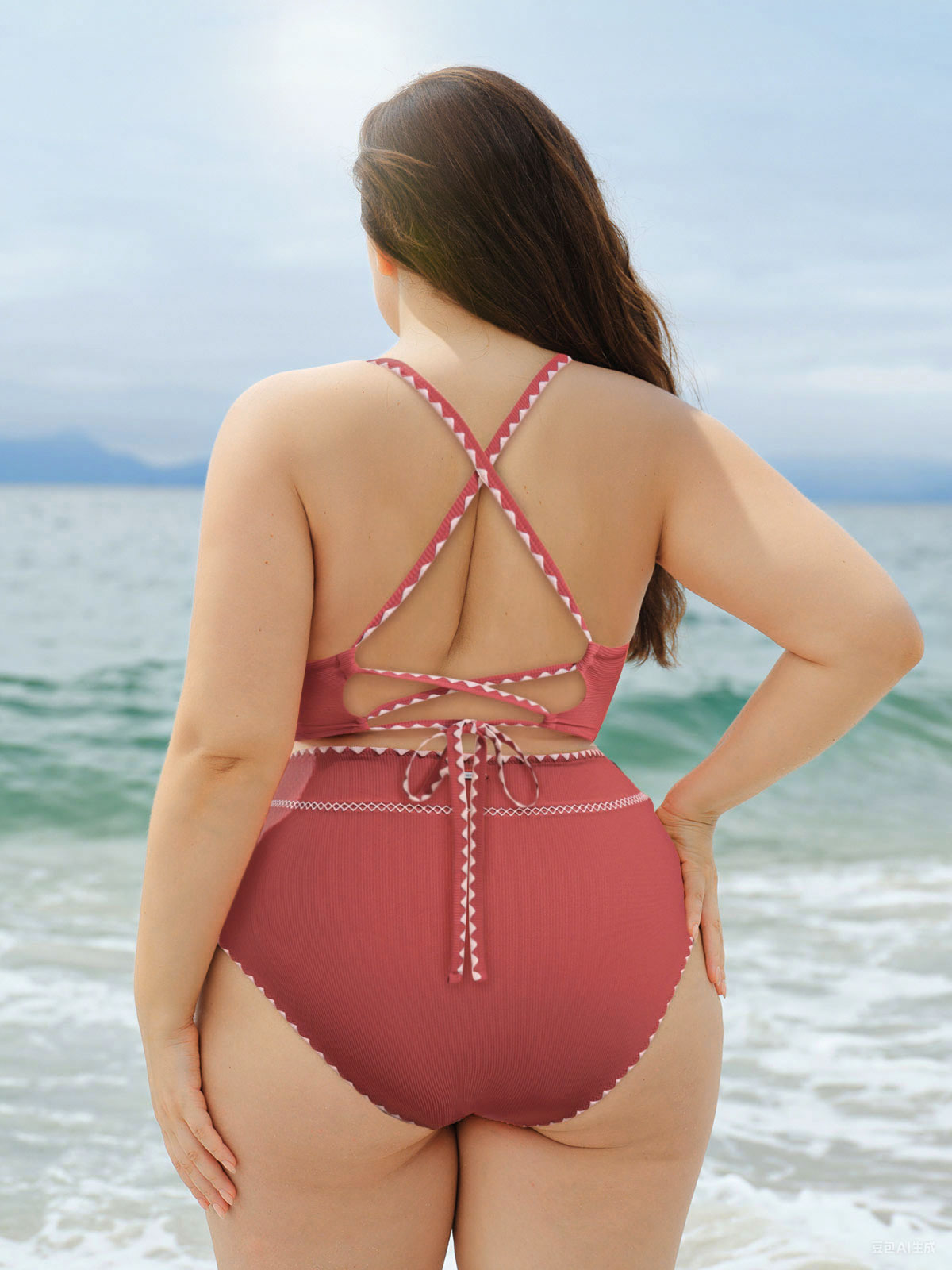 Brick Red Contrast Stitch Plus Size Bikini Top