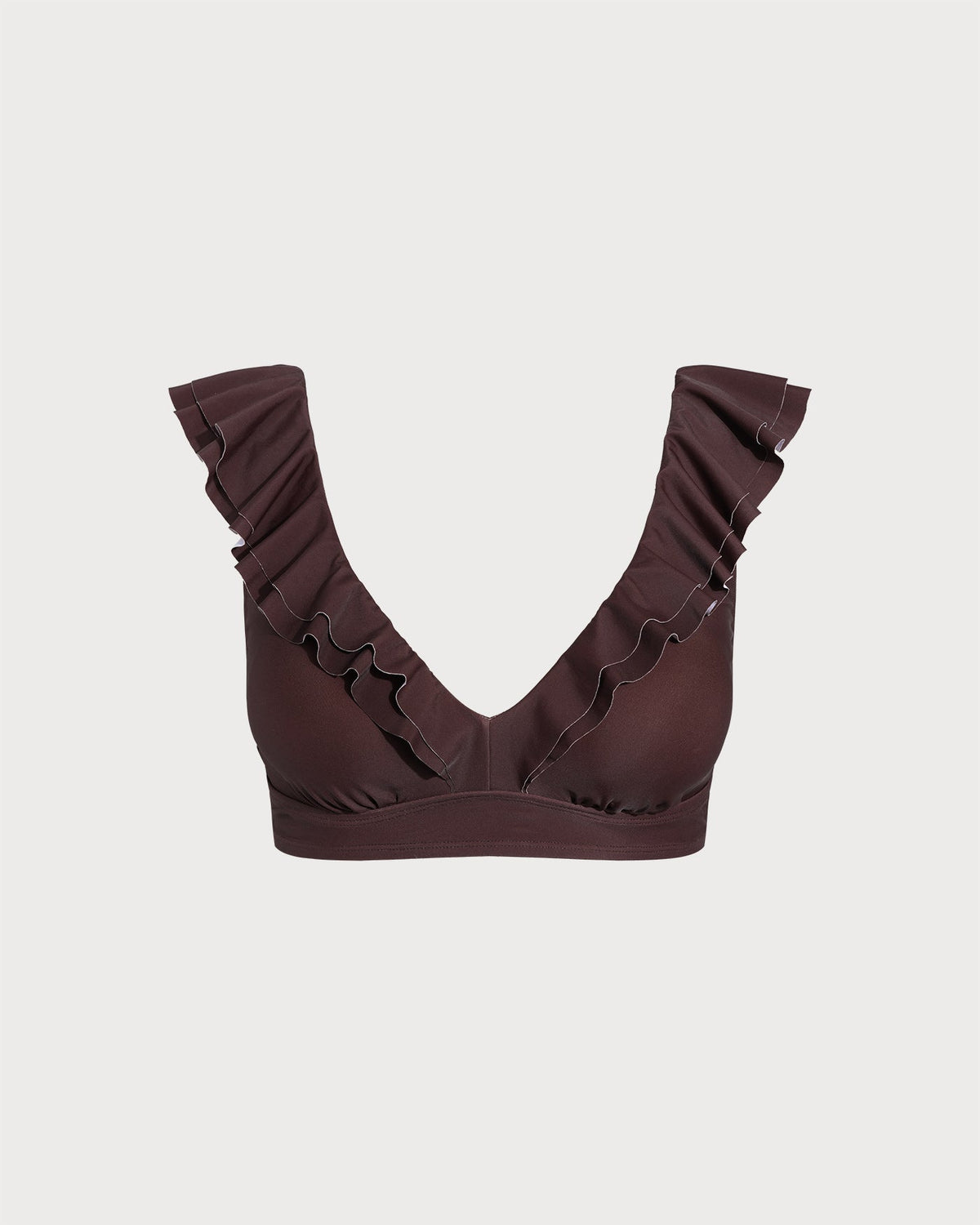 Brown Ruffled V-Neck Plus Size Bikini Top