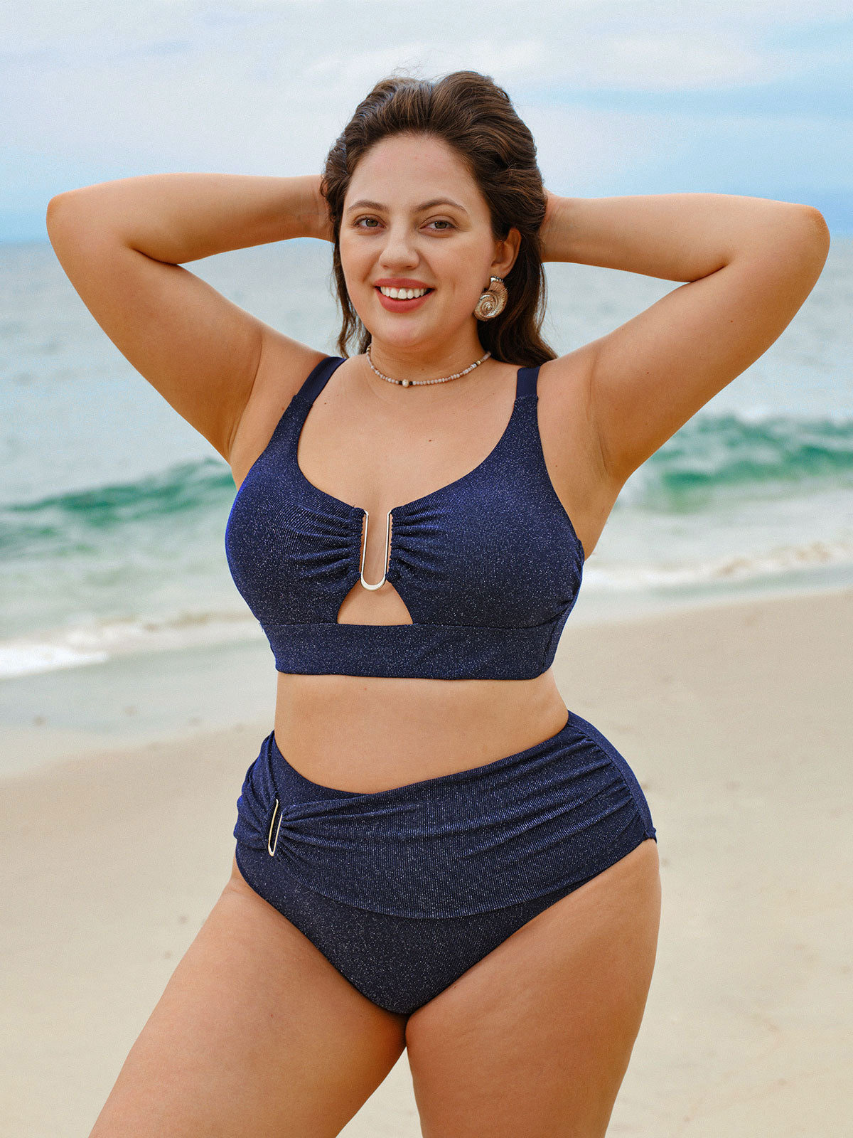 Blue Glitter Cut Out Plus Size Bikini Top