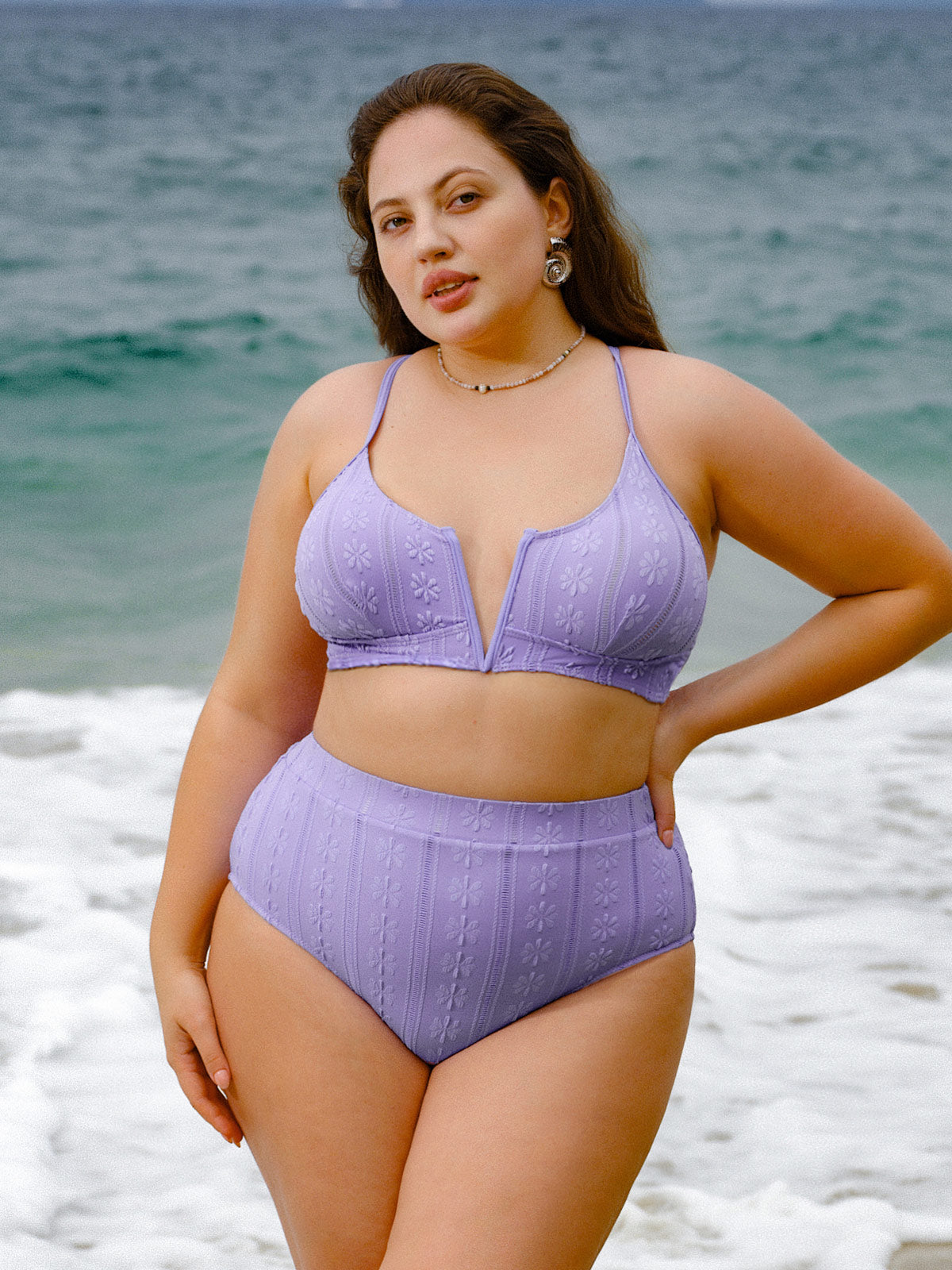 Purple Jacquard V Notch Plus Size Bikini Top