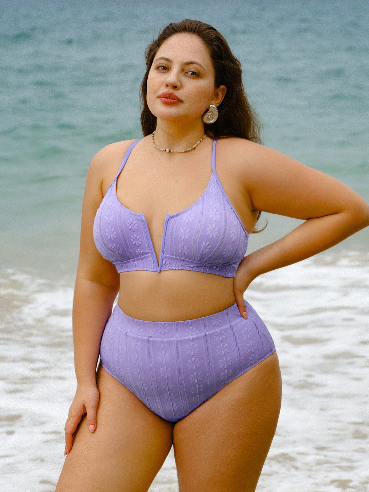 Purple Jacquard V Notch Plus Size Bikini Top
