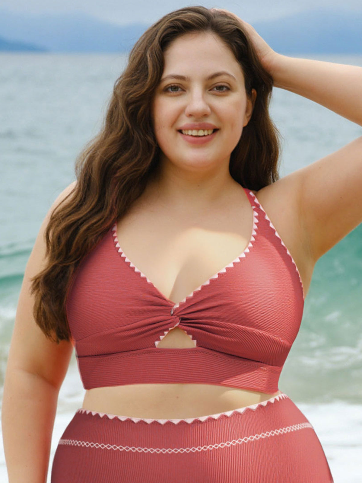 Brick Red Contrast Stitch Plus Size Bikini Top