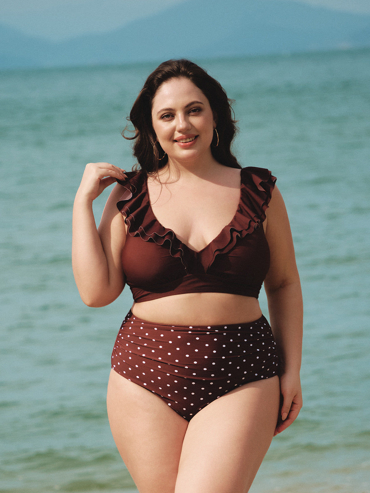 Brown Ruffled V-Neck Plus Size Bikini Top
