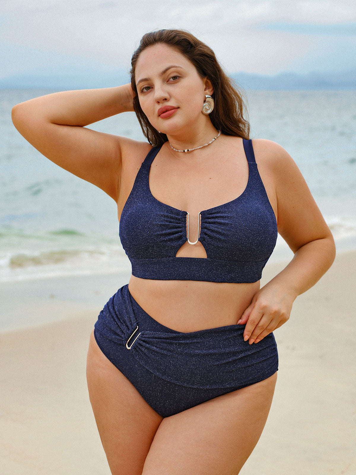Blue Glitter Cut Out Plus Size Bikini Top