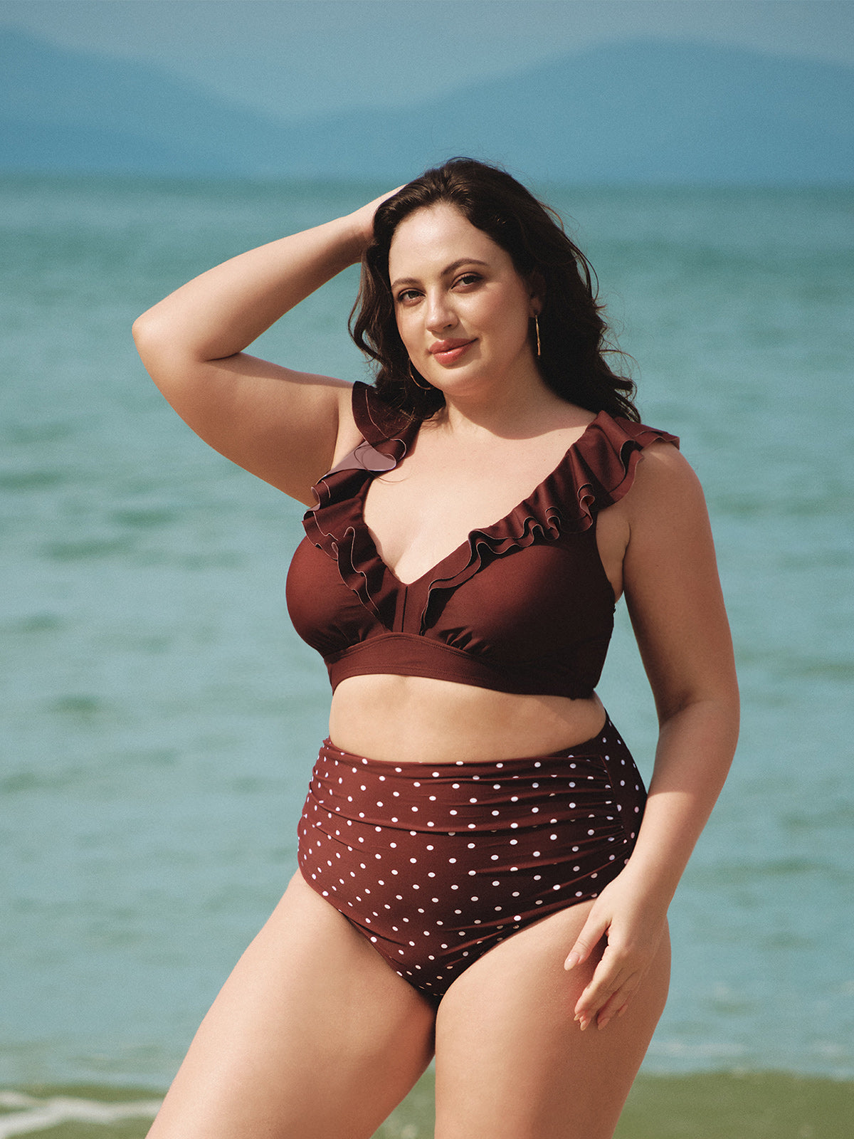 Brown Ruffled V-Neck Plus Size Bikini Top