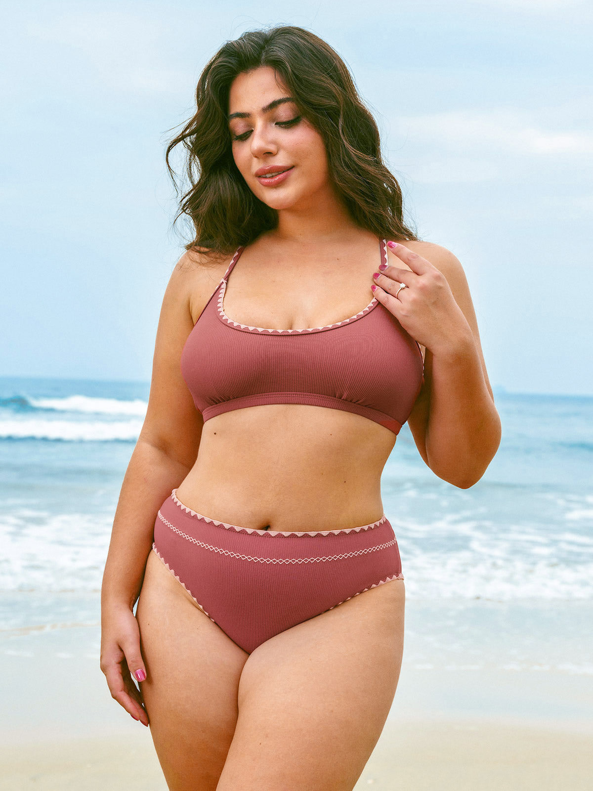Brick Red Contrast Stitch Bikini Bottom