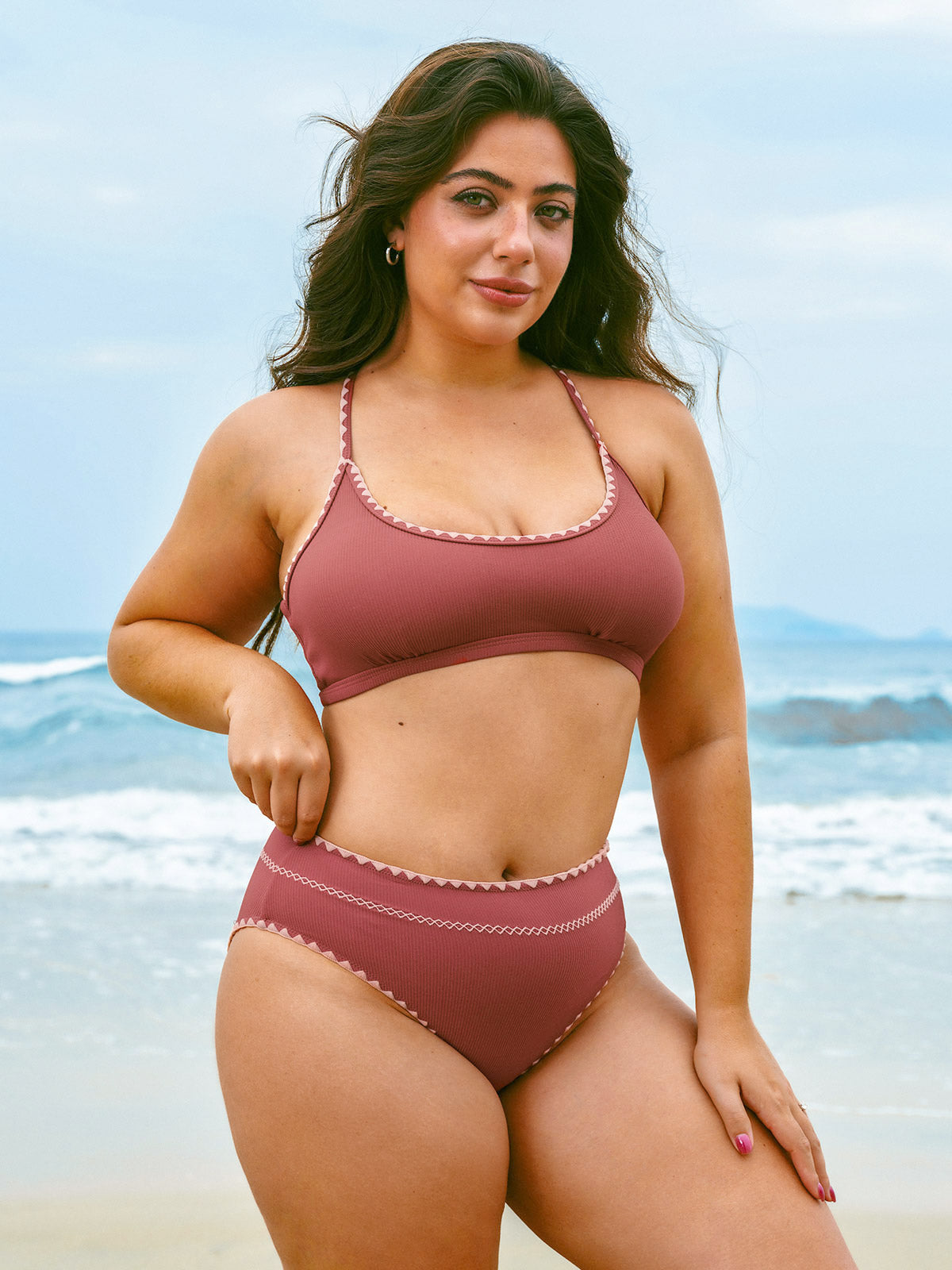 Brick Red Contrast Stitch Bikini Bottom