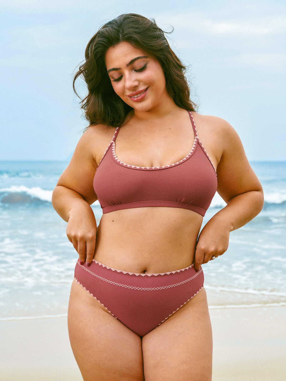 Brick Red Contrast Stitch Bikini Bottom