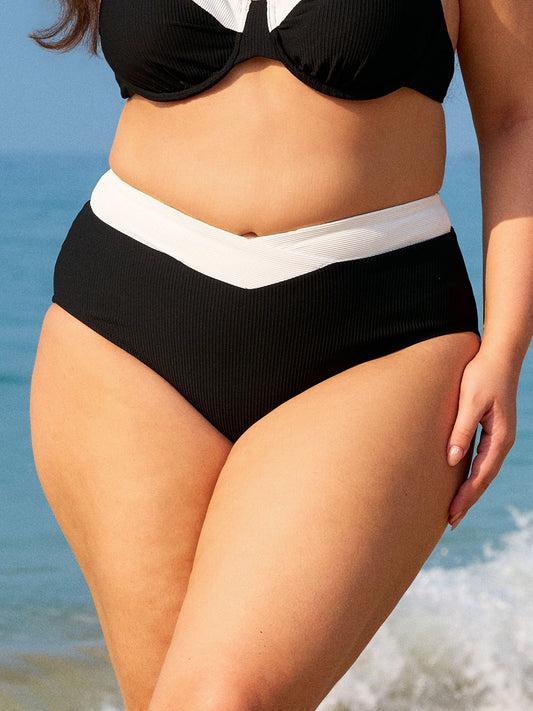 Black Contrast V Cut Plus Size Bikini Bottom