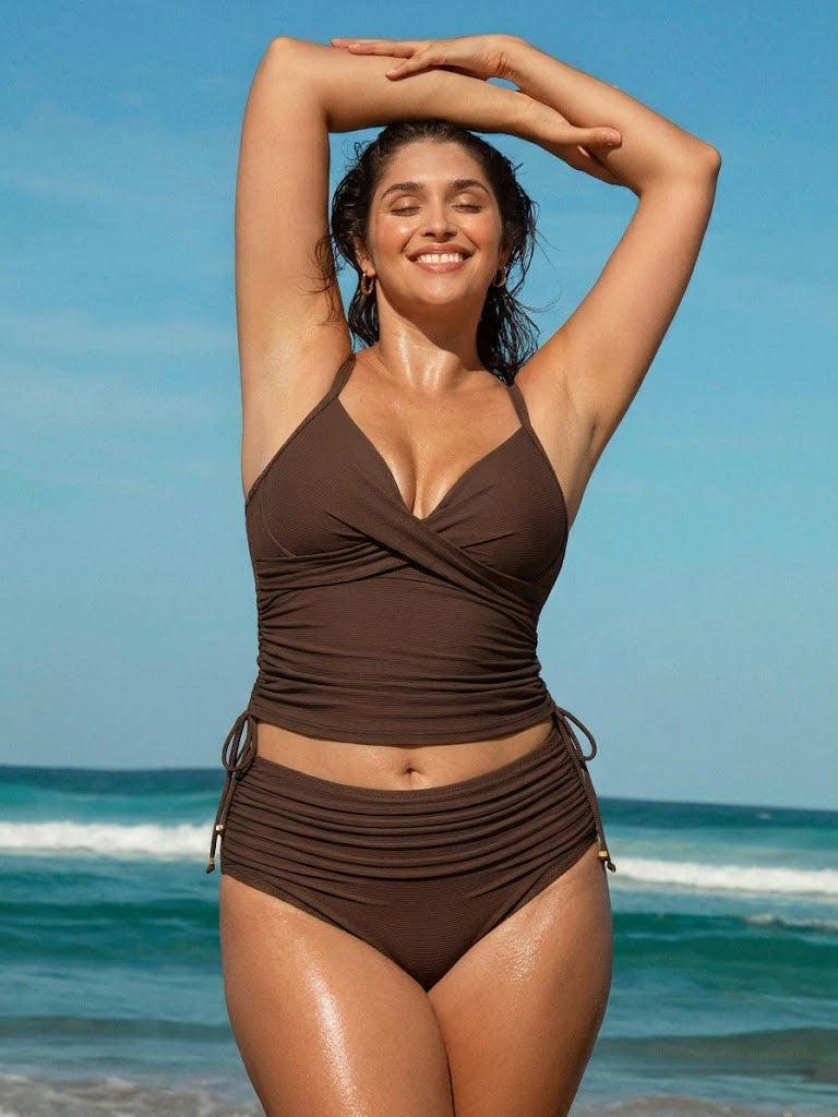 Coffee Ruched Plus Size Bikini Bottom
