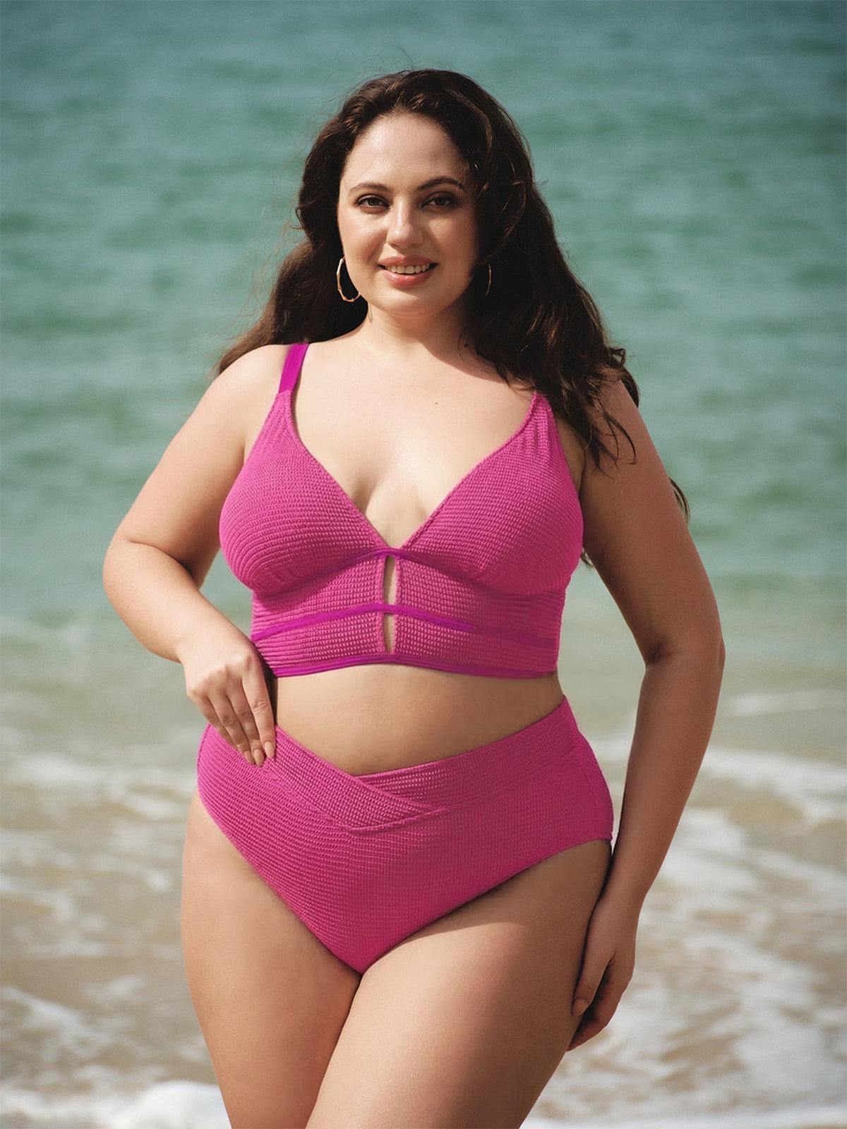 Pink Textured V Cut Plus Size Tankini Bottom