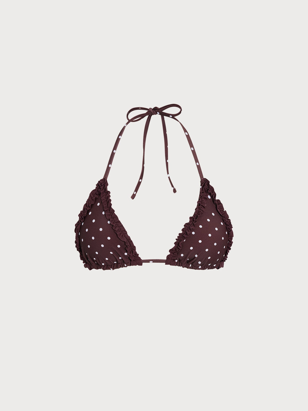 Brown Print Polka Dot Ruffled Halter Triangle Bikini Top