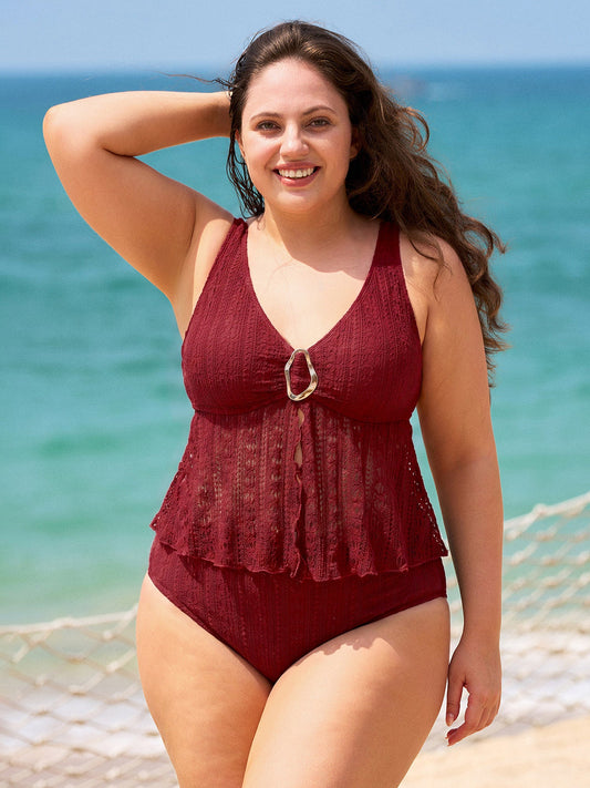 Wine Red Lace Metal Ring Plus Size Tankini Top
