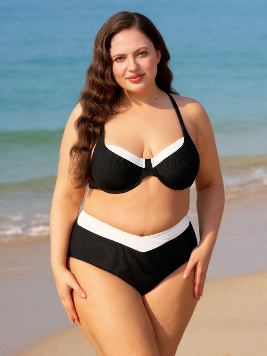 Black Contrast X Cross Plus Size Bikini Top