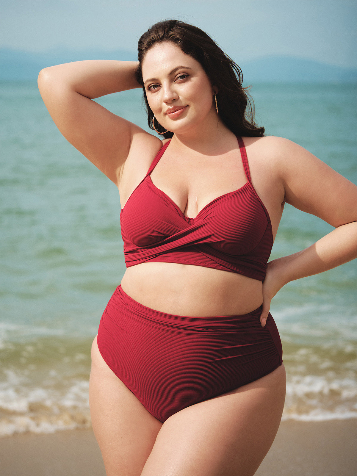 Wine Red Ruched Plus Size Bikini Top