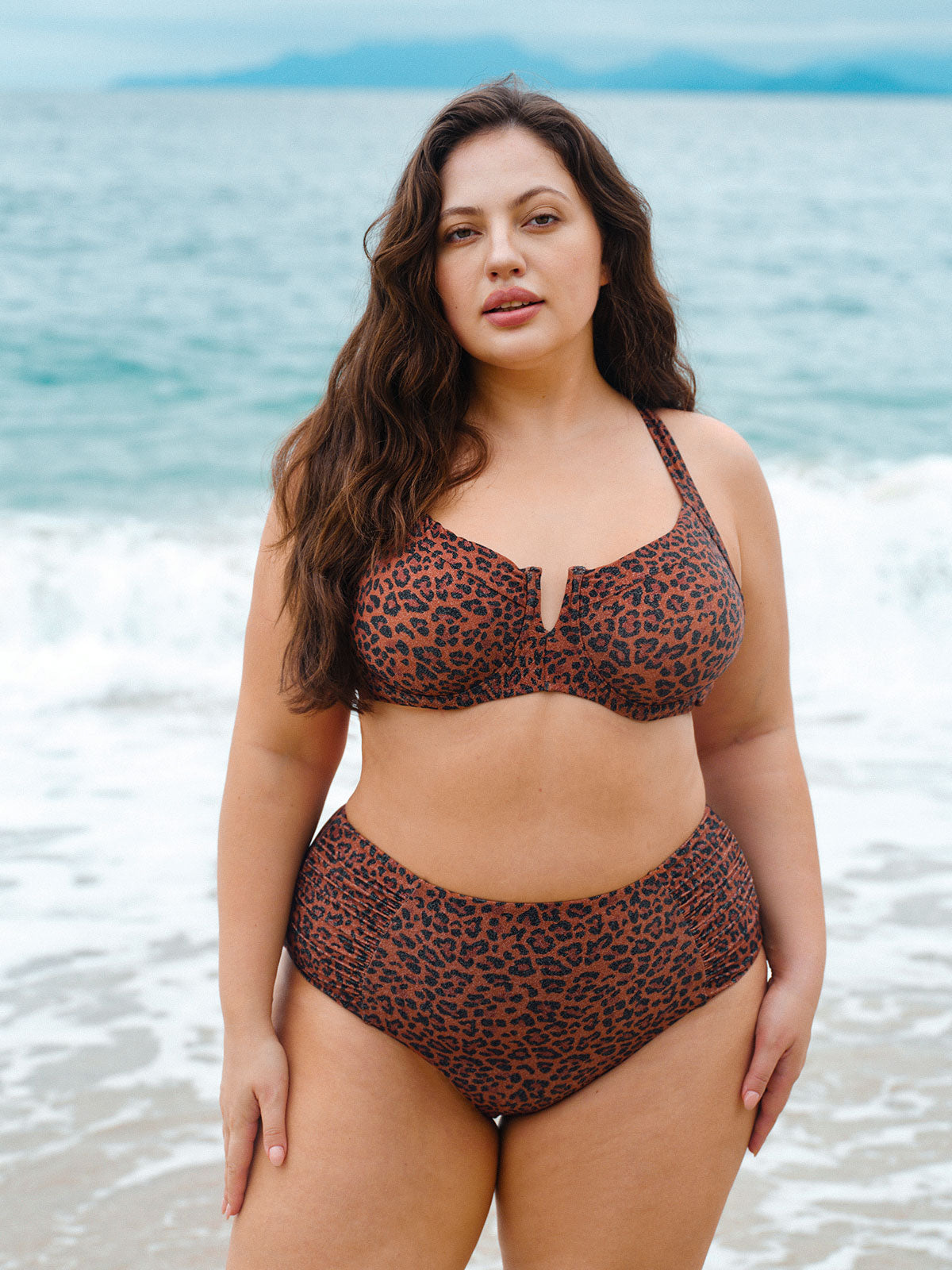 Leopard Print V Notch Plus Size Bikini Top