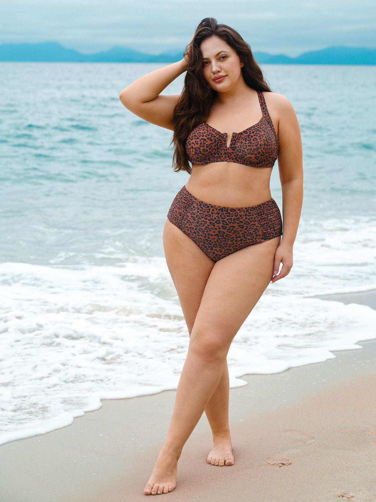 Leopard Print V Notch Plus Size Bikini Top