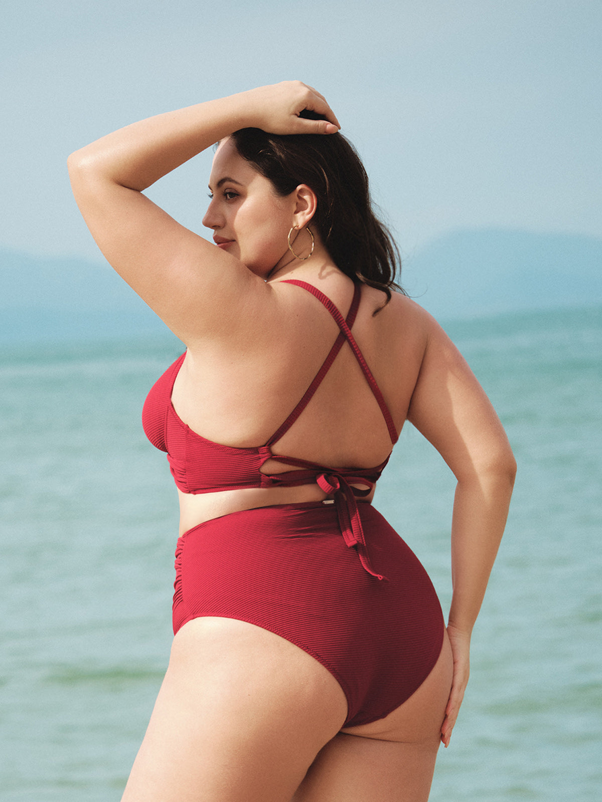 Wine Red Ruched Plus Size Bikini Top