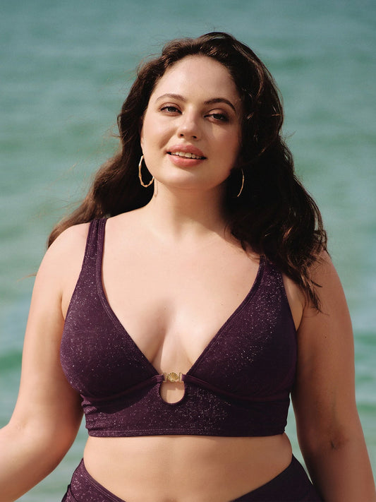 Dark Coffee Lurex Gold-Accented Plus Size Bikini Top